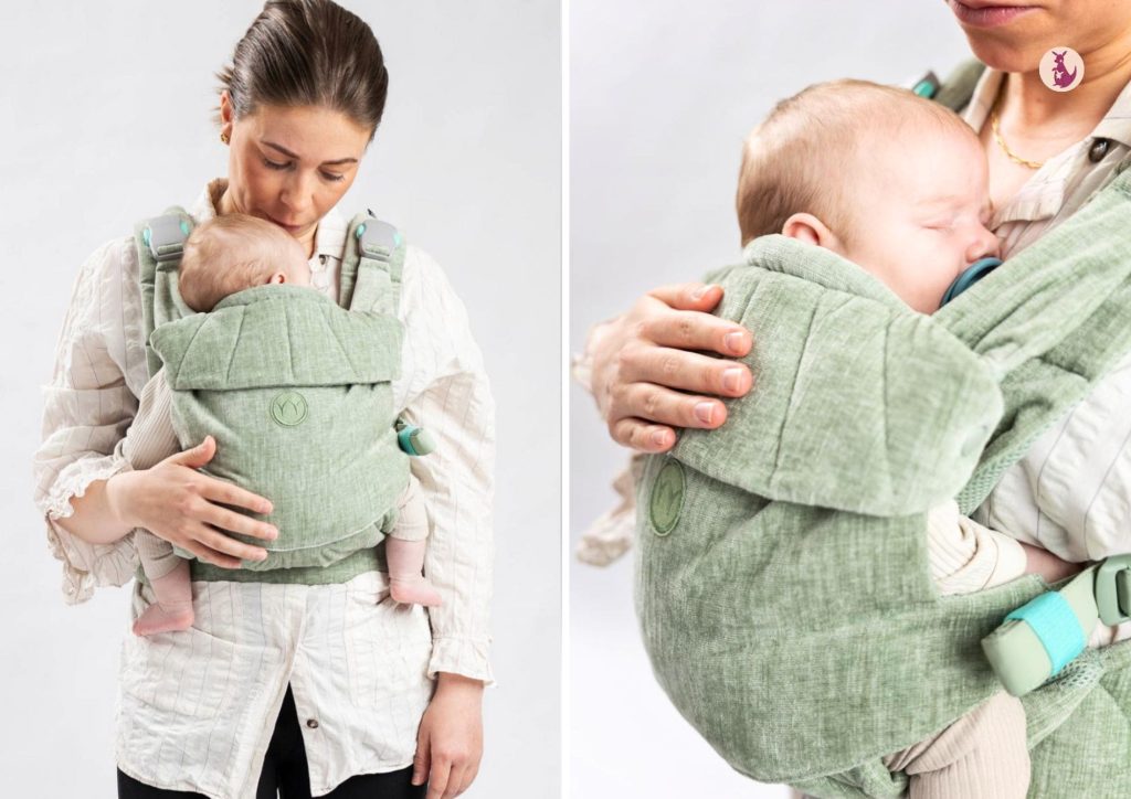 le portage najell rise velvet green avec nourrisson